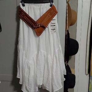 White Tiered Boho Cotton Asymmetrical Midi Skirt with Brown Studded Belt